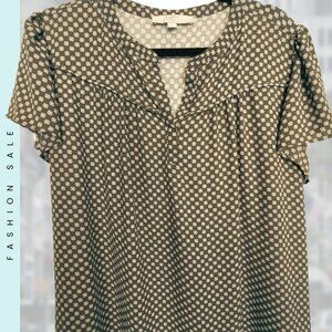 LOFT Plus Green Mixed Media Blouse – Short Flutter Sleeves, Size 16